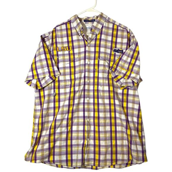 Columbia PFG LSU Purple Gold and White Tamiami Plaid Size Large Men’s Shirt Top - Picture 1 of 8